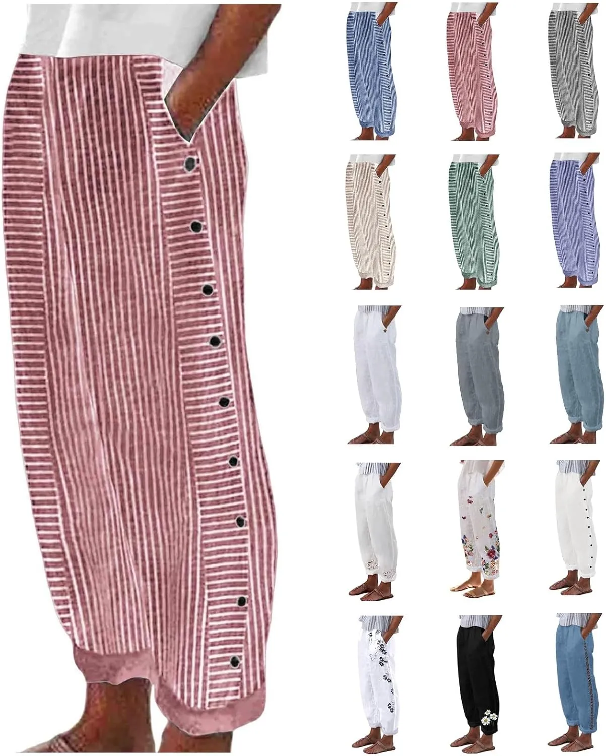 Womens Striped Pants Summer Lightweight Linen Pants Side Button Elastic Waist Straight Wide Leg Baggy Casual Trousers