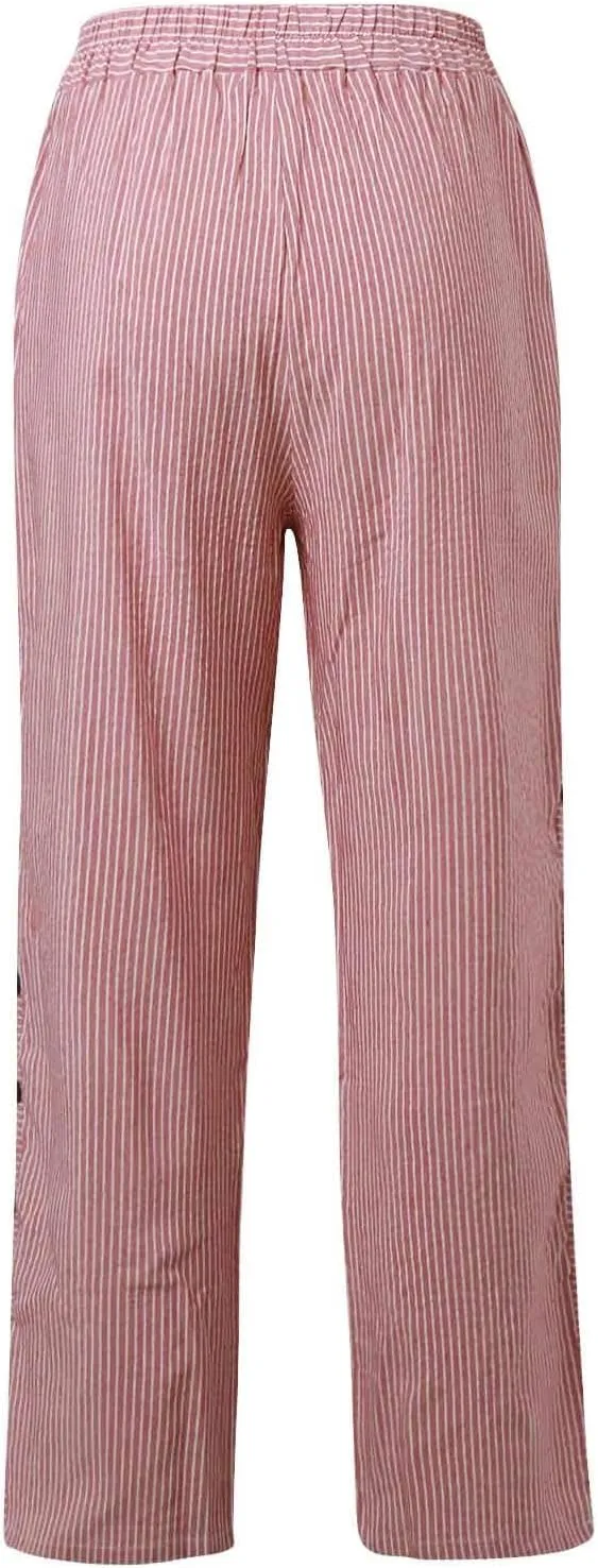 Womens Striped Pants Summer Lightweight Linen Pants Side Button Elastic Waist Straight Wide Leg Baggy Casual Trousers
