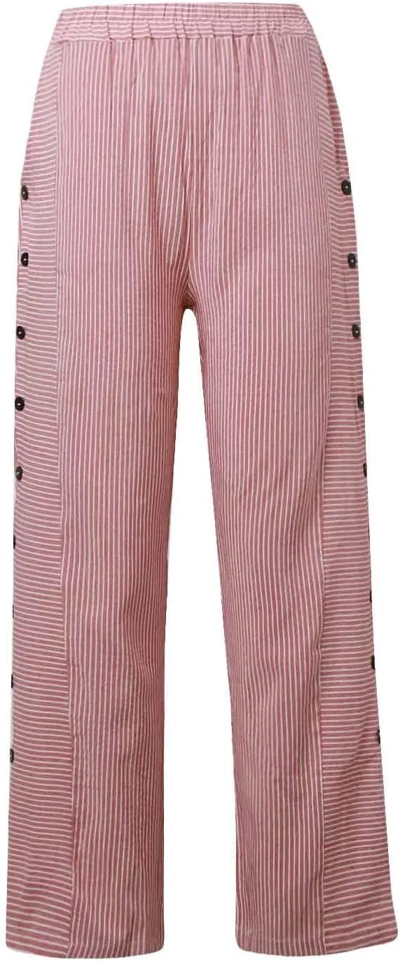Womens Striped Pants Summer Lightweight Linen Pants Side Button Elastic Waist Straight Wide Leg Baggy Casual Trousers