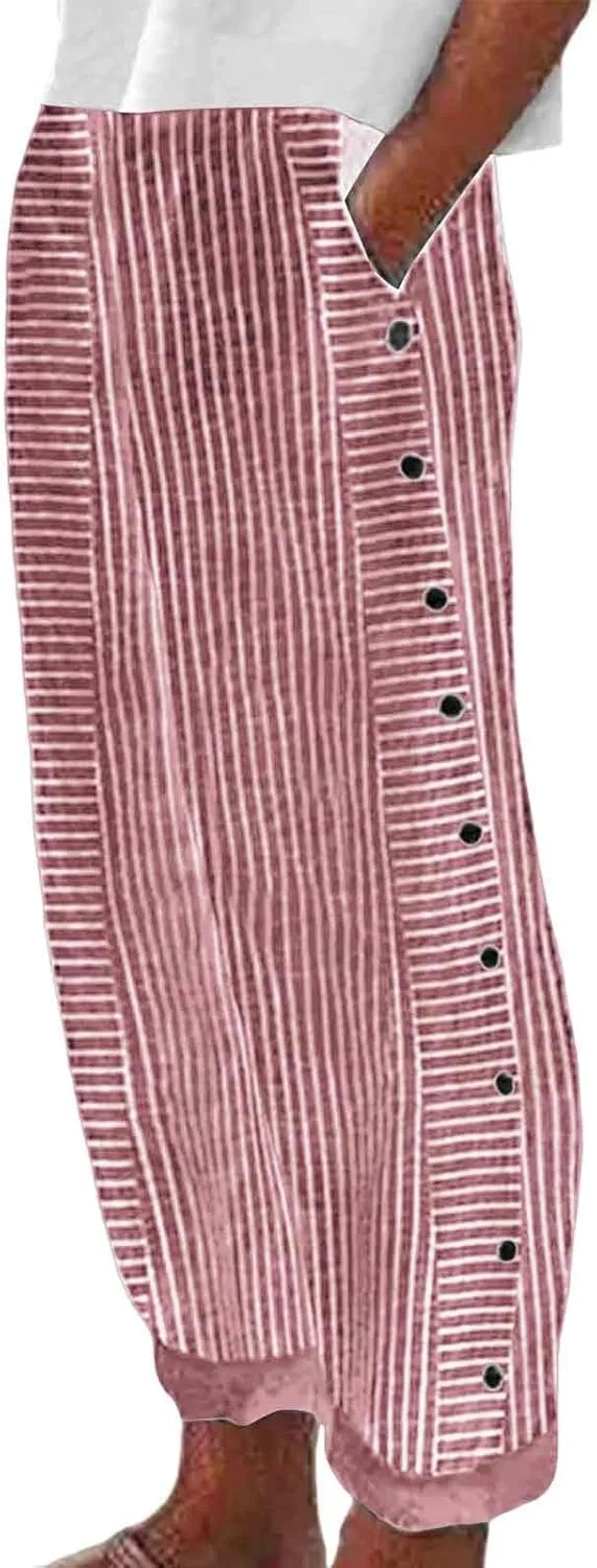 Womens Striped Pants Summer Lightweight Linen Pants Side Button Elastic Waist Straight Wide Leg Baggy Casual Trousers