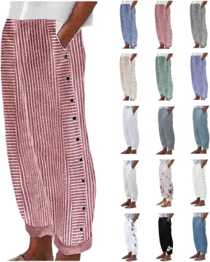 Womens Striped Pants Summer Lightweight Linen Pants Side Button Elastic Waist Straight Wide Leg Baggy Casual Trousers