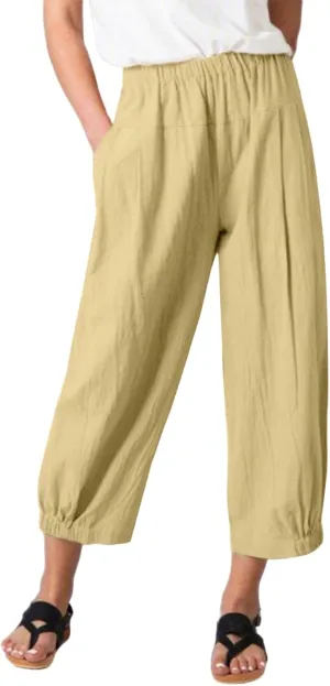 Womens Summer Capri Pants Lightweight Casual Cotton Linen Pants Elastic High Waist Wide Leg Cropped Trousers Pockets