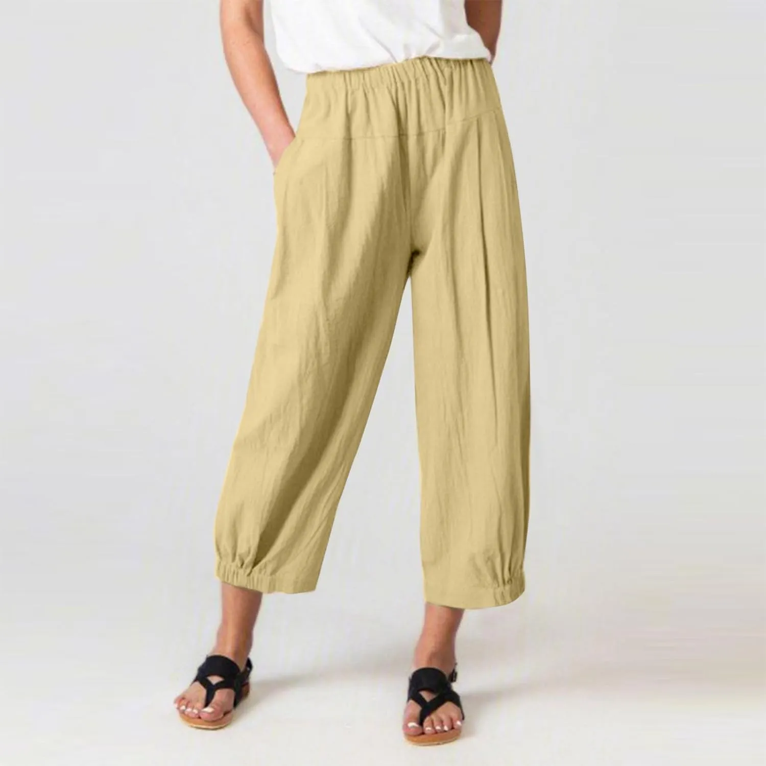 Womens Summer Capri Pants Lightweight Casual Cotton Linen Pants Elastic High Waist Wide Leg Cropped Trousers Pockets