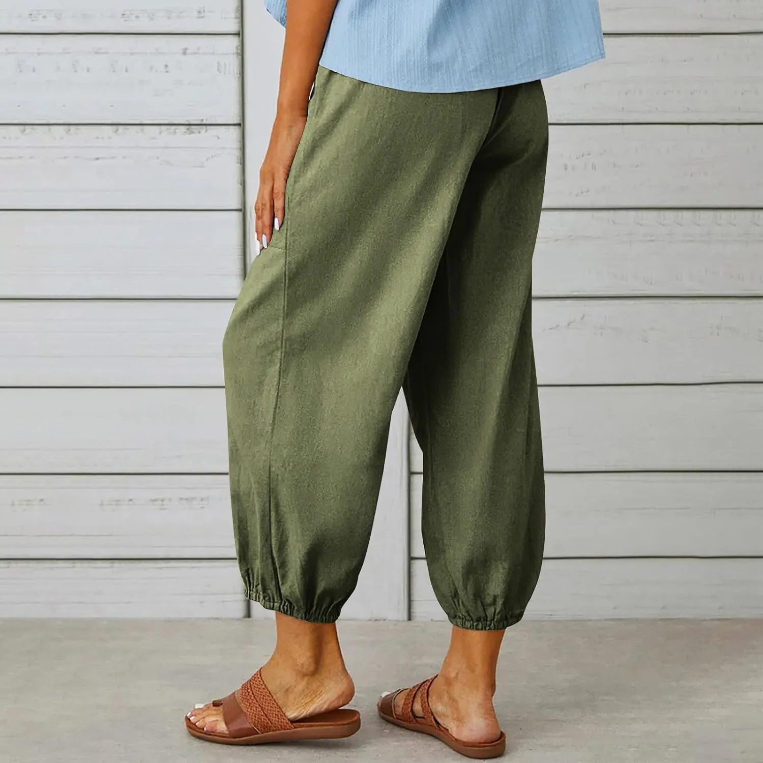 Women's Summer Casual Capri Pants Beach Vacation Lightweight Cotton Linen Pants Cinch Bottom Cropped Trouser