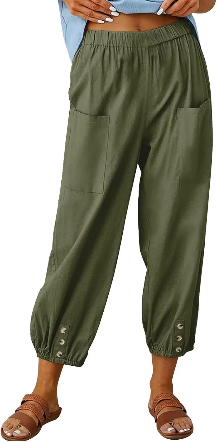 Women's Summer Casual Capri Pants Beach Vacation Lightweight Cotton Linen Pants Cinch Bottom Cropped Trouser