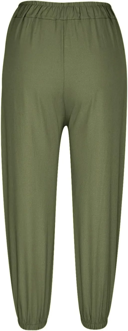 Women's Summer Casual Capri Pants Beach Vacation Lightweight Cotton Linen Pants Cinch Bottom Cropped Trouser