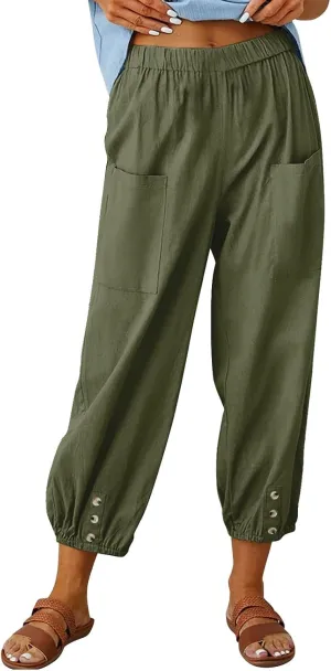 Women's Summer Casual Capri Pants Beach Vacation Lightweight Cotton Linen Pants Cinch Bottom Cropped Trouser