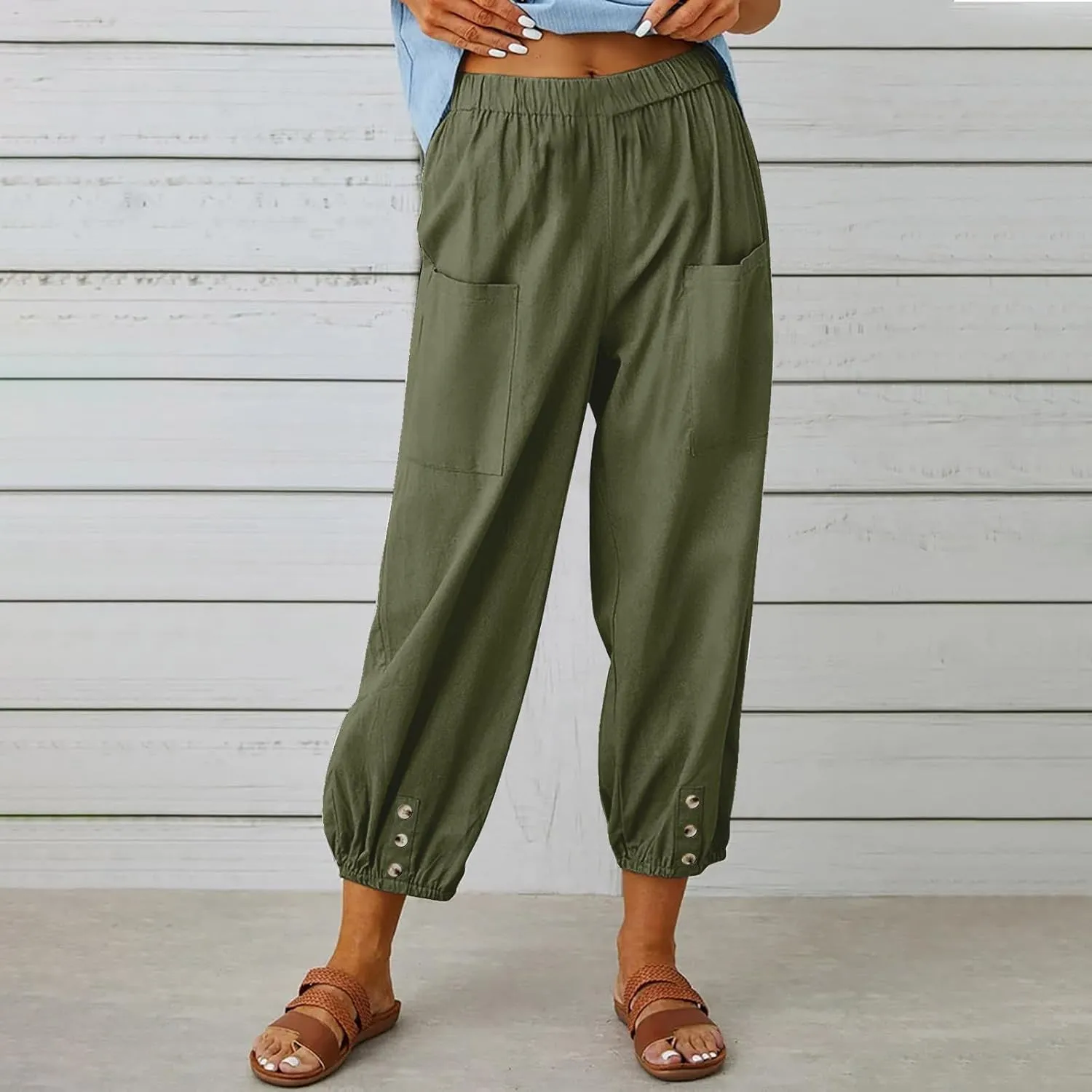 Women's Summer Casual Capri Pants Beach Vacation Lightweight Cotton Linen Pants Cinch Bottom Cropped Trouser
