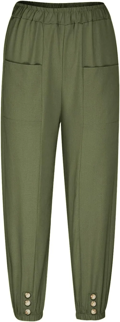 Women's Summer Casual Capri Pants Beach Vacation Lightweight Cotton Linen Pants Cinch Bottom Cropped Trouser
