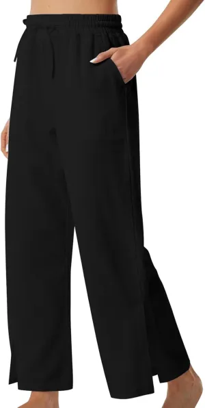 Womens Summer Cotton Linen Pants 2025 Trendy Side Slit Ankle Wide Leg Beach Trousers Elastic Waist Drawstring Slacks