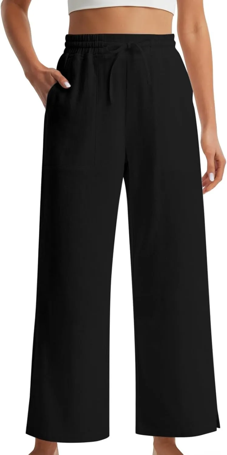 Womens Summer Cotton Linen Pants 2025 Trendy Side Slit Ankle Wide Leg Beach Trousers Elastic Waist Drawstring Slacks