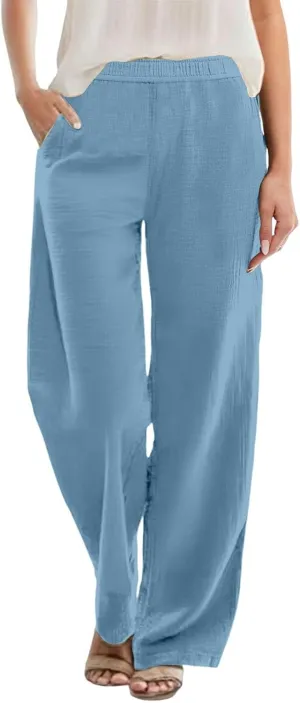 Womens Summer Fashion Linen Pants Solid Casual High Waist Loose Fitness Elastic Waist Trousers with Pockets