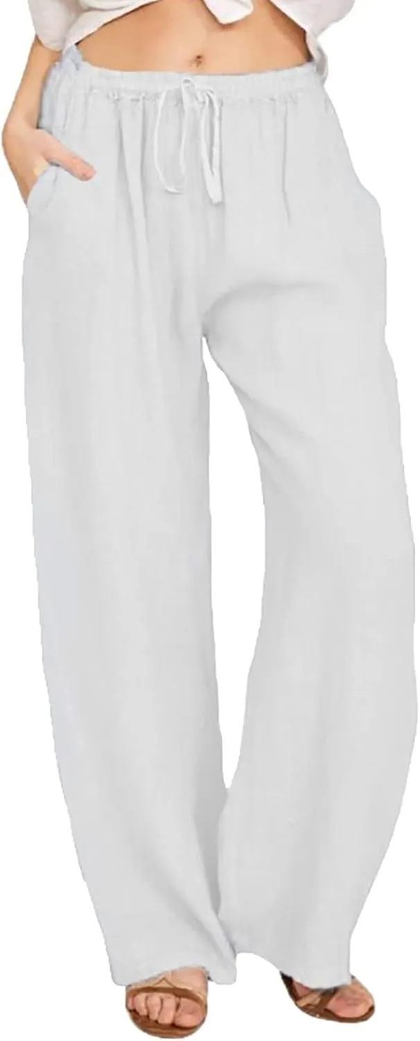 Women's Summer Pants, Linen Joggers for Women Flowy Beach Pants with Pockets Gym Wide Leg Yoga Pants Hawaii Travel Trousers