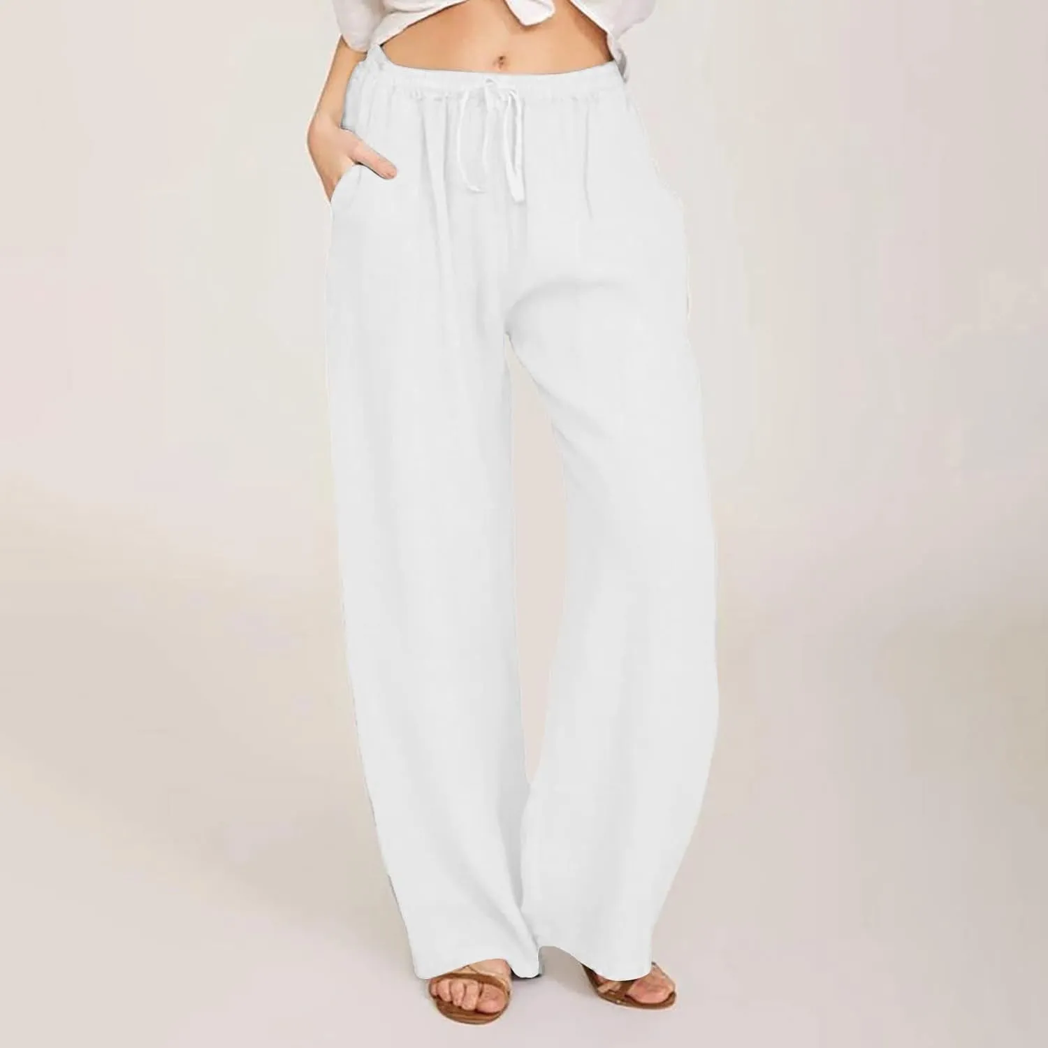 Women's Summer Pants, Linen Joggers for Women Flowy Beach Pants with Pockets Gym Wide Leg Yoga Pants Hawaii Travel Trousers