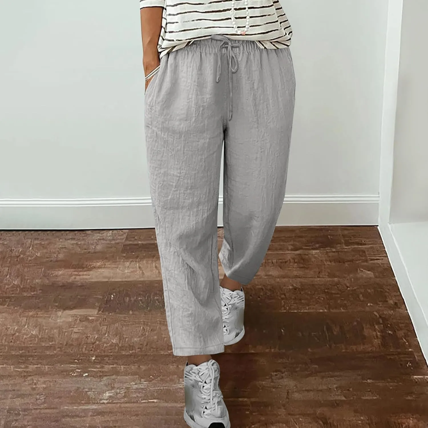Womens Tapered Pants Cotton Linen Drawstring Elastic Waist Pants Summer Casual Trousers Plus Size Slacks with Pockets
