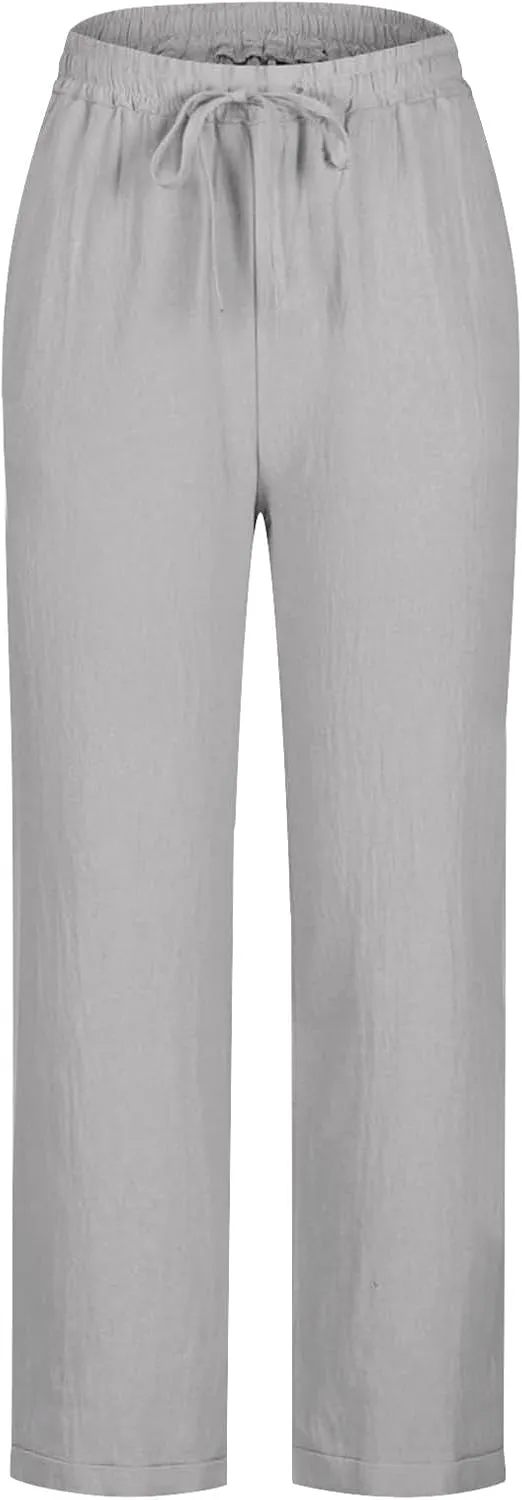 Womens Tapered Pants Cotton Linen Drawstring Elastic Waist Pants Summer Casual Trousers Plus Size Slacks with Pockets