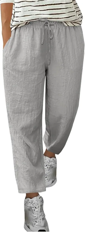 Womens Tapered Pants Cotton Linen Drawstring Elastic Waist Pants Summer Casual Trousers Plus Size Slacks with Pockets