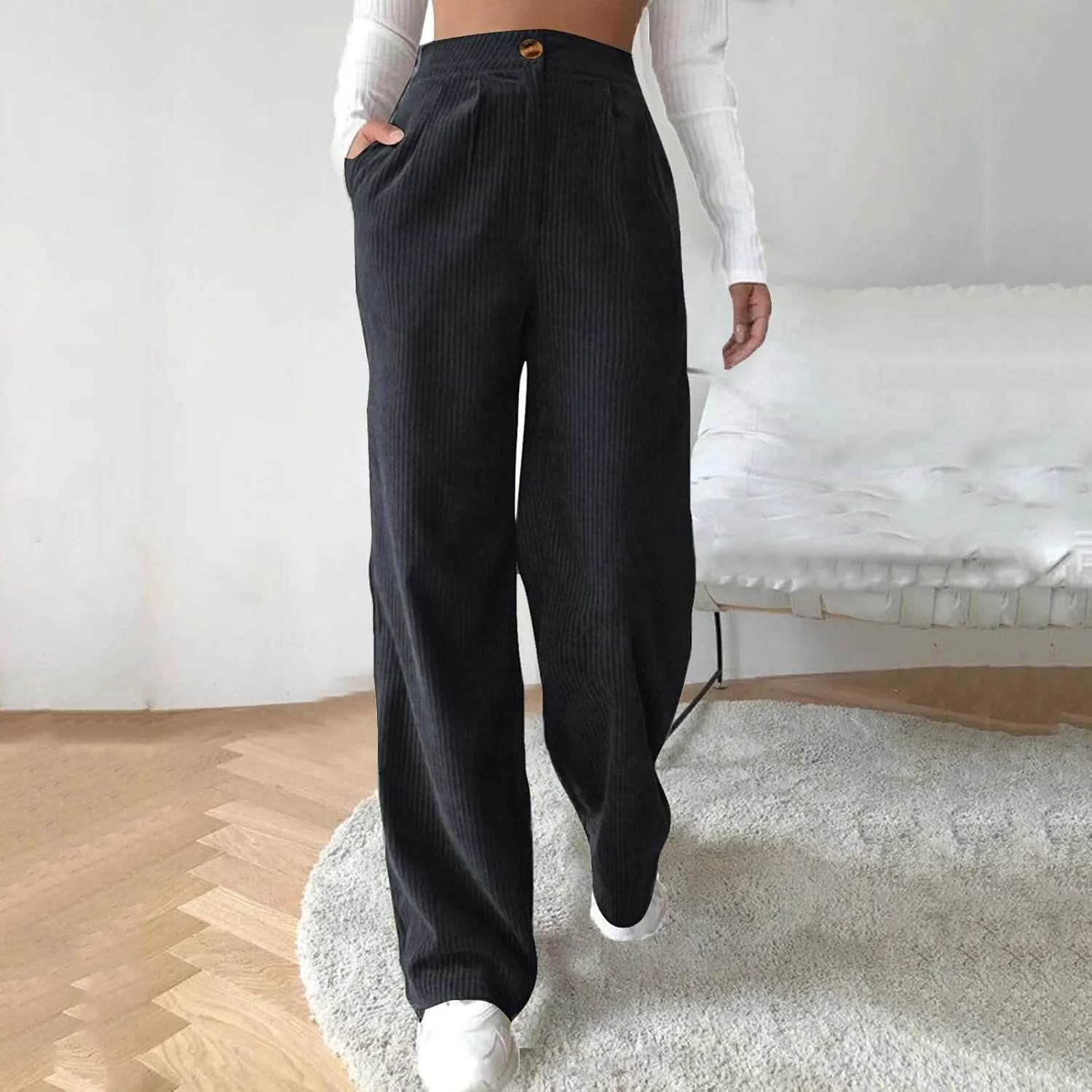 Women's Wide Leg Corduroy Pants Loose Straight Leg Pants High Waist Button Stretchy Trousers Lounge Pant with Pockets