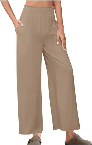 Womens Wide Leg Pants Cotton Linen Palazzo Pants Smocked Elastic Waist Loose Casual Pant Summer Flowy Lounge Trousers
