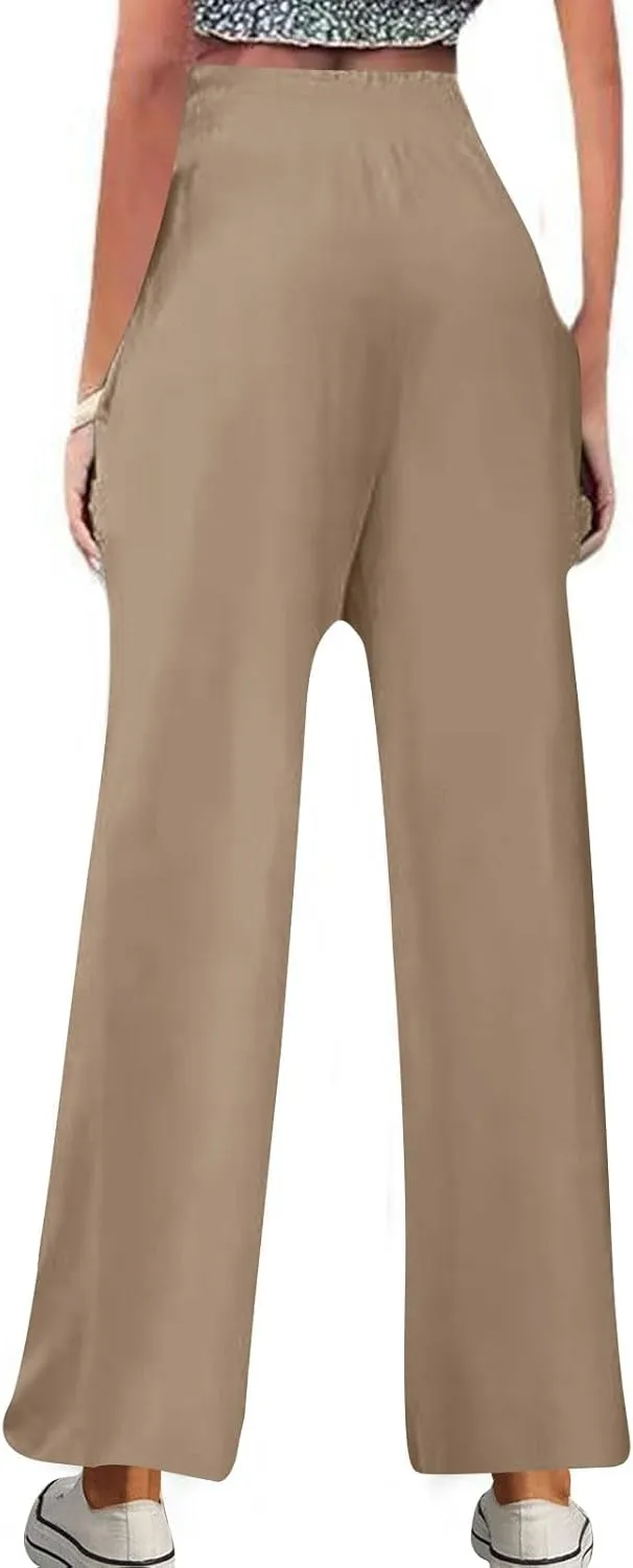 Womens Wide Leg Pants Cotton Linen Palazzo Pants Smocked Elastic Waist Loose Casual Pant Summer Flowy Lounge Trousers