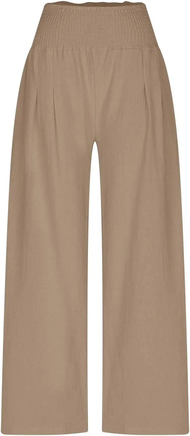 Womens Wide Leg Pants Cotton Linen Palazzo Pants Smocked Elastic Waist Loose Casual Pant Summer Flowy Lounge Trousers