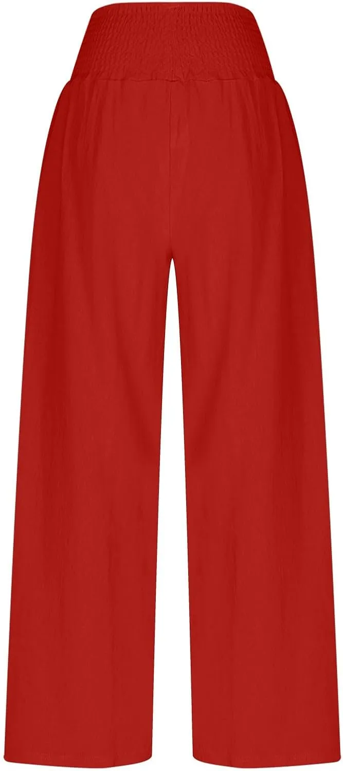 Womens Wide Leg Pants Cotton Linen Palazzo Pants Smocked Elastic Waist Loose Casual Pant Summer Flowy Lounge Trousers