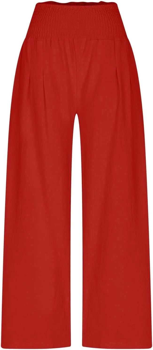 Womens Wide Leg Pants Cotton Linen Palazzo Pants Smocked Elastic Waist Loose Casual Pant Summer Flowy Lounge Trousers