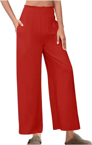 Womens Wide Leg Pants Cotton Linen Palazzo Pants Smocked Elastic Waist Loose Casual Pant Summer Flowy Lounge Trousers