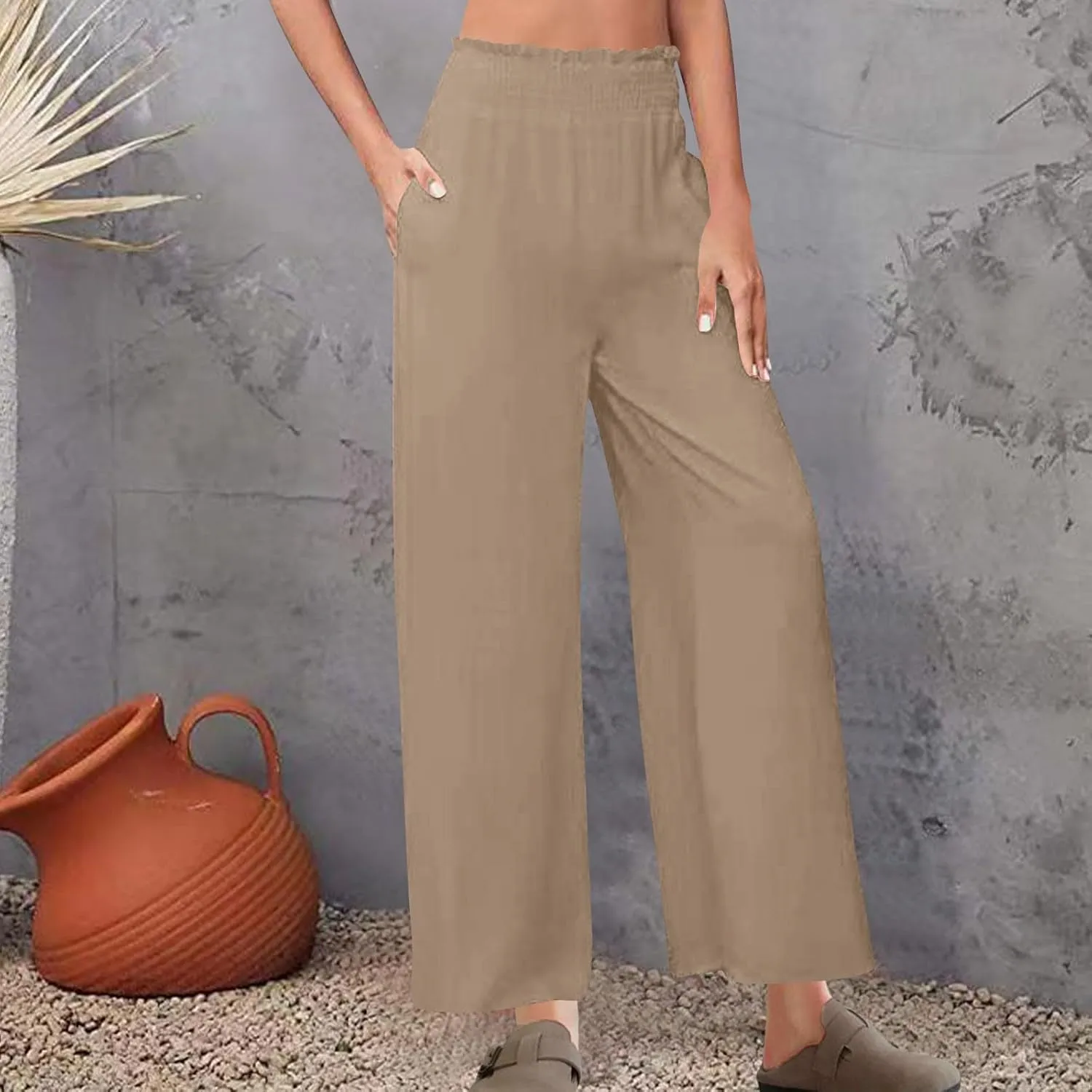Womens Wide Leg Pants Cotton Linen Palazzo Pants Smocked Elastic Waist Loose Casual Pant Summer Flowy Lounge Trousers