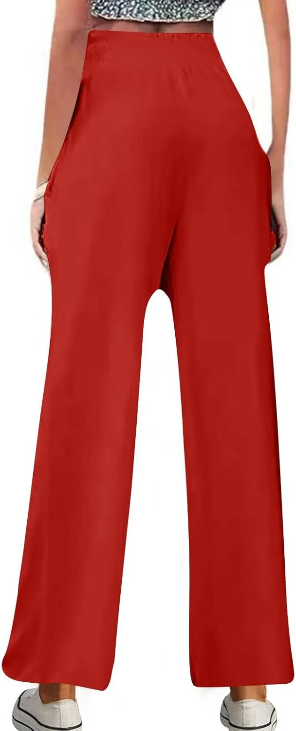 Womens Wide Leg Pants Cotton Linen Palazzo Pants Smocked Elastic Waist Loose Casual Pant Summer Flowy Lounge Trousers