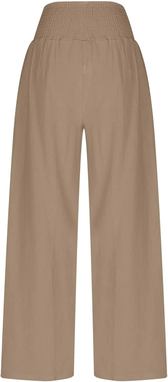 Womens Wide Leg Pants Cotton Linen Palazzo Pants Smocked Elastic Waist Loose Casual Pant Summer Flowy Lounge Trousers