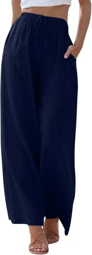 Women's Wide Leg Pants High Elastic Waisted Cotton Linen Pants Summer Palazzo Lounge Pants Casual Comfy Trousers with Pockets