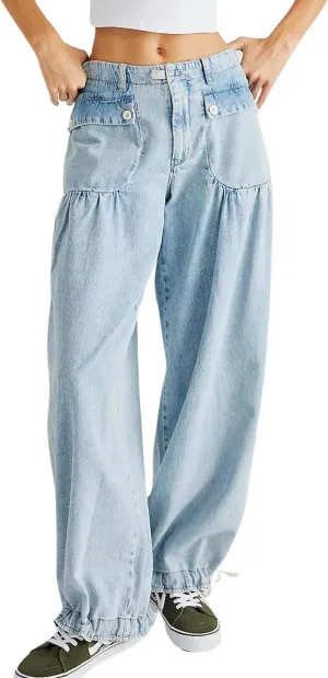 yoeasy Women's Lotus Tube Jeans Mid Rise Baggy Wide Leg Barrel Jeans Ruffle Pleated Denim Pants with Drawstring