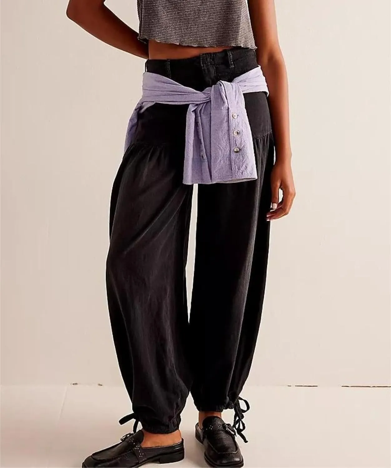 yoeasy Women's Lotus Tube Jeans Mid Rise Baggy Wide Leg Barrel Jeans Ruffle Pleated Denim Pants with Drawstring