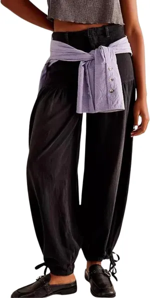 yoeasy Women's Lotus Tube Jeans Mid Rise Baggy Wide Leg Barrel Jeans Ruffle Pleated Denim Pants with Drawstring