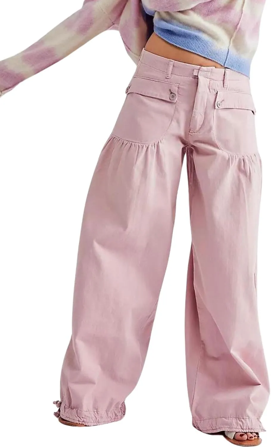 yoeasy Women's Lotus Tube Jeans Mid Rise Baggy Wide Leg Barrel Jeans Ruffle Pleated Denim Pants with Drawstring
