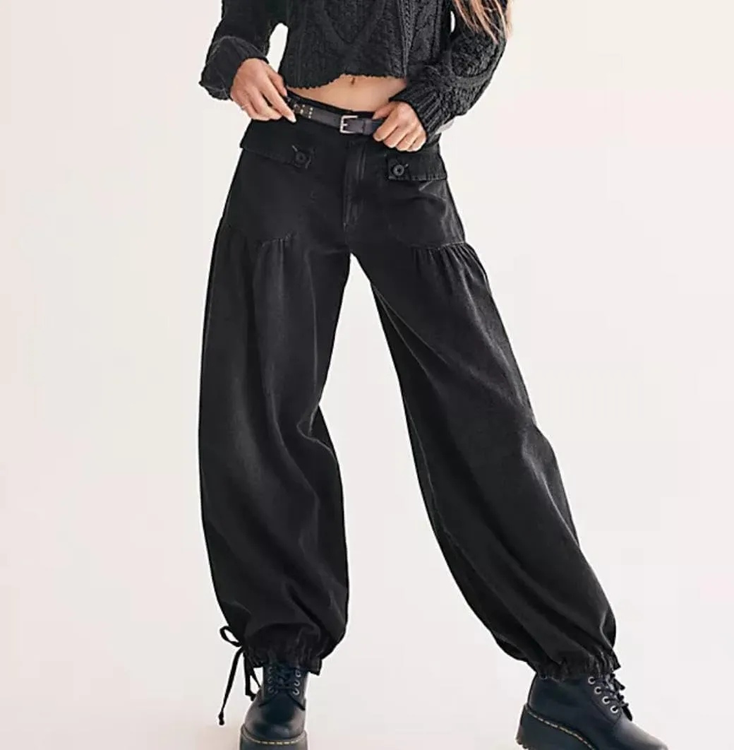 yoeasy Women's Lotus Tube Jeans Mid Rise Baggy Wide Leg Barrel Jeans Ruffle Pleated Denim Pants with Drawstring